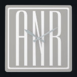 Initials Monogram | White On Light Grey Square Wall Clock<br><div class="desc">Classy,  bold & modern.</div>
