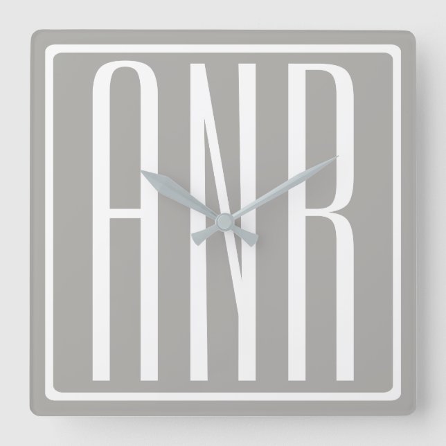 Initials Monogram | White On Light Grey Square Wall Clock (Front)
