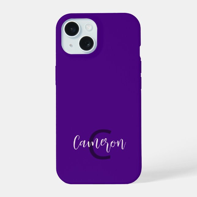 Initials Name Minimalist Solid Deep Violet iPhone 15 Case (Back)