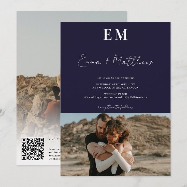 Initials navy blue simple 2 photos qr wedding invitation (Front/Back)