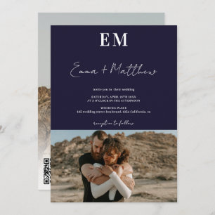 Initials navy blue simple 2 photos qr wedding invitation