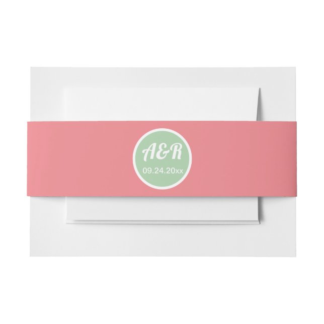 Initials peach and mint green wedding invitation belly band (Front Example)