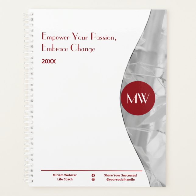 Initials Photo Red White Life Coach Workbook  Planner (Front)