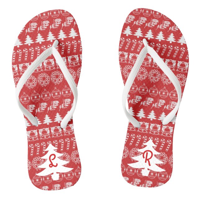 Initials | Red & White Iconic Christmas Pattern Flip Flops (Footbed)