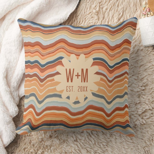 Initials Retro Stripes 70s Groovy Boho terracotta Throw Pillow (Blanket)