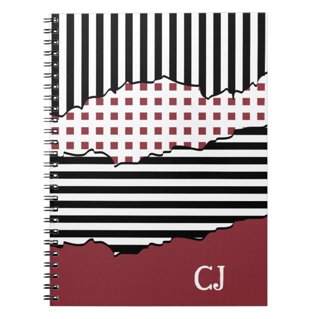 Initials Stripes Net Layered Black, White & Red  Notebook (Front)