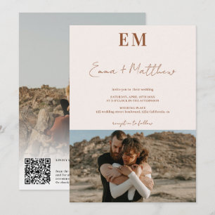 Initials terracotta beige 2 photos qr wedding invitation