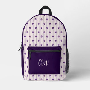 Initials Violet & Blush Stripes - Purple Blooms Printed Backpack