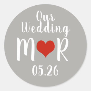 initials with red love heart, grey wedding  classic round sticker