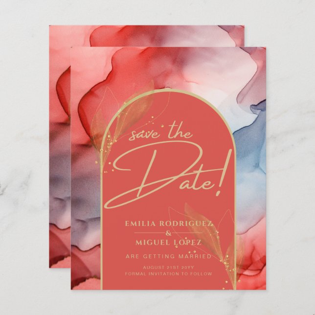 Ink Abstract Orange Red Gold Navy Save The Date (Front/Back)