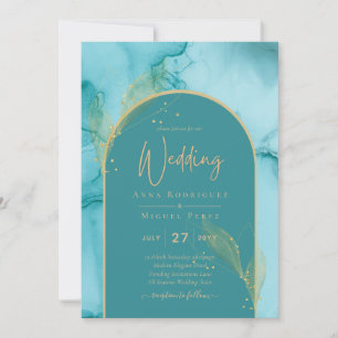 INK Abstract Turquoise Teal Gold Wedding INVITE
