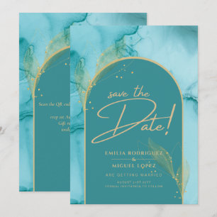 INK Abstract Turquoise Teal Gold Wedding Save DATE Invitation