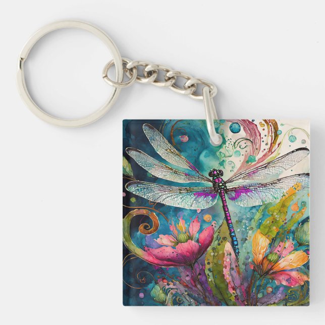 Ink and Pen Watercolor Dragonfly Acrylic Keychain (Front)