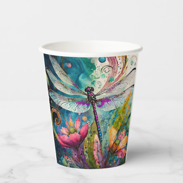 Ink and Pen Watercolor Dragonfly  Paper Cups (Front)