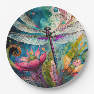 Ink and Pen Watercolor Dragonfly  Paper Plate