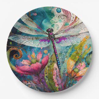 Ink and Pen Watercolor Dragonfly  Paper Plate