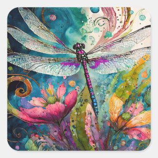 Ink and Pen Watercolor Dragonfly   Square Sticker