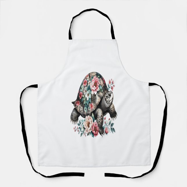 Ink and Wash Turtle with Floral Shell. Apron (Front)