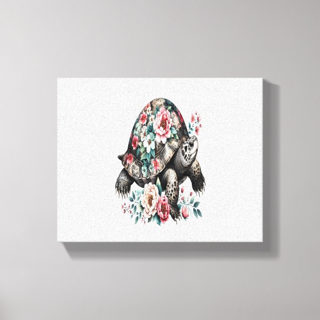 Ink and Wash Turtle with Floral Shell. Canvas Print (Front)