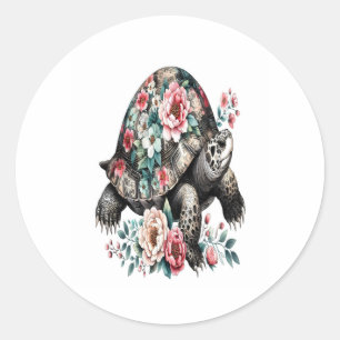 Ink and Wash Turtle with Floral Shell. Classic Round Sticker