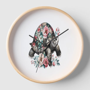 Ink and Wash Turtle with Floral Shell. Clock