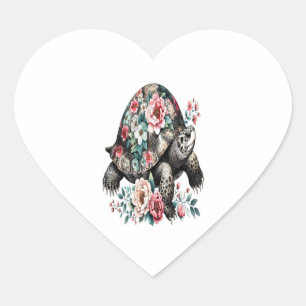 Ink and Wash Turtle with Floral Shell. Heart Sticker