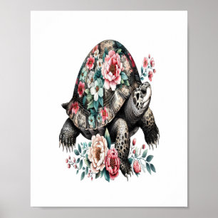 Ink and Wash Turtle with Floral Shell. Poster