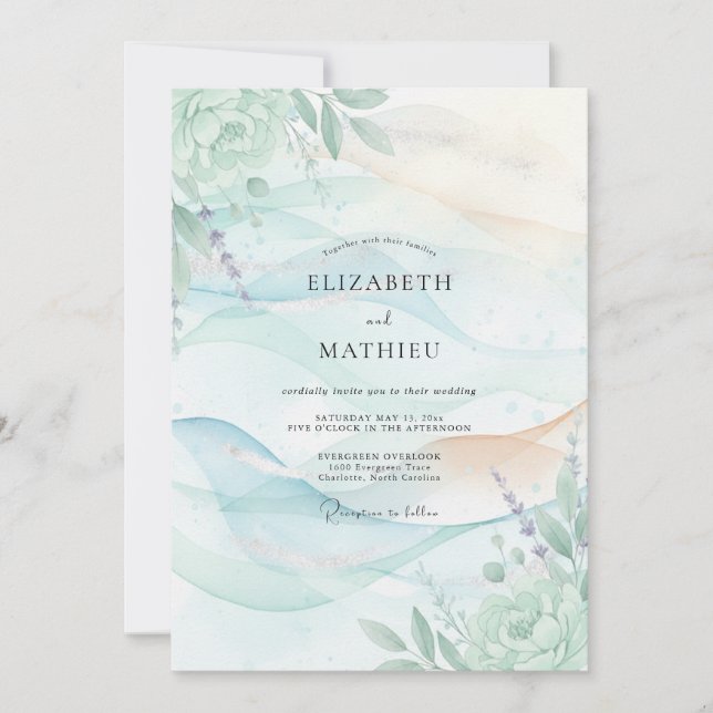 Ink Aqua Mint Leafy Wedding Invitation (Front)