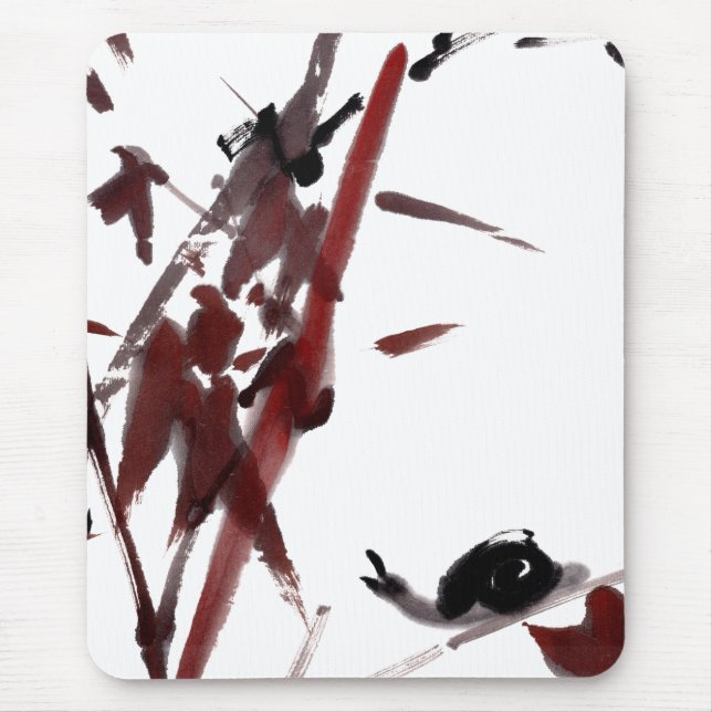 Ink art with snail and red bamboo mouse pad (Front)