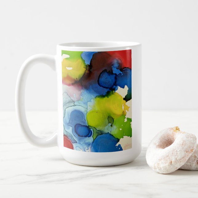 Ink Blot art design in red, blue, yellow and green Coffee Mug (With Donut)