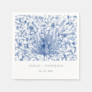 Ink Blue Classy Ornate Watercolor Peacock Wedding Napkin