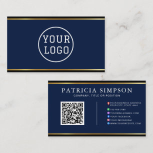 Ink Blue & Gold Edge Modern QR Code Template Business Card