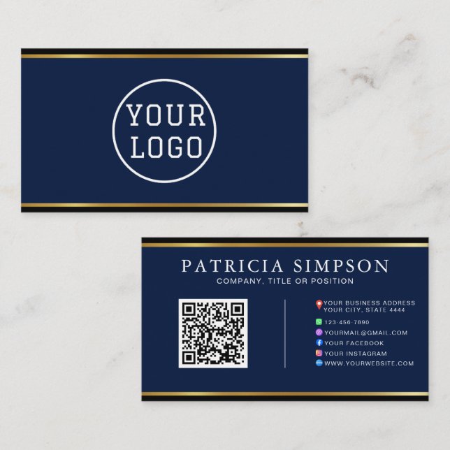 Ink Blue & Gold Edge Modern QR Code Template Business Card (Front/Back)