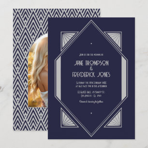 Ink Blue & Platinum Silver Art Deco Wedding Photo Invitation
