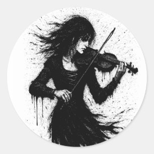 Ink‑Born Violinist in the Storm of Sound Classic Round Sticker