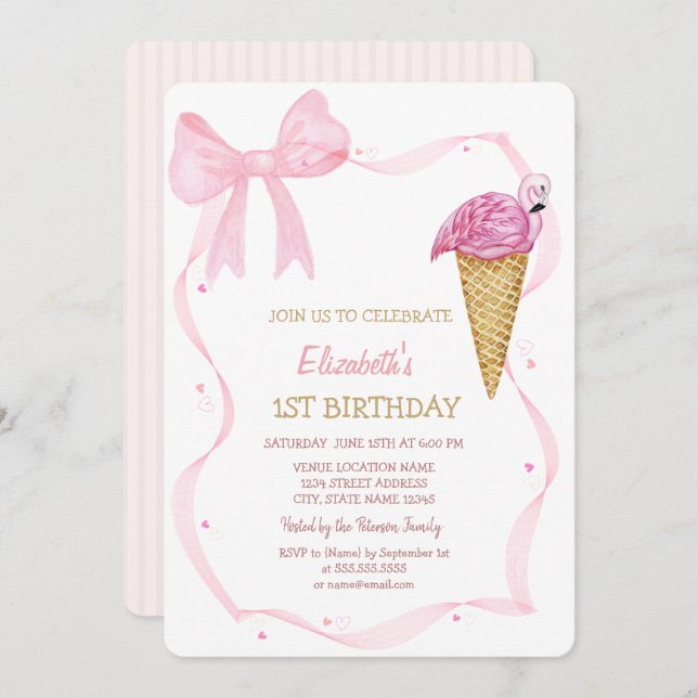 ink Bow Ice cream Striped Birthday   Invitation (Front/Back)