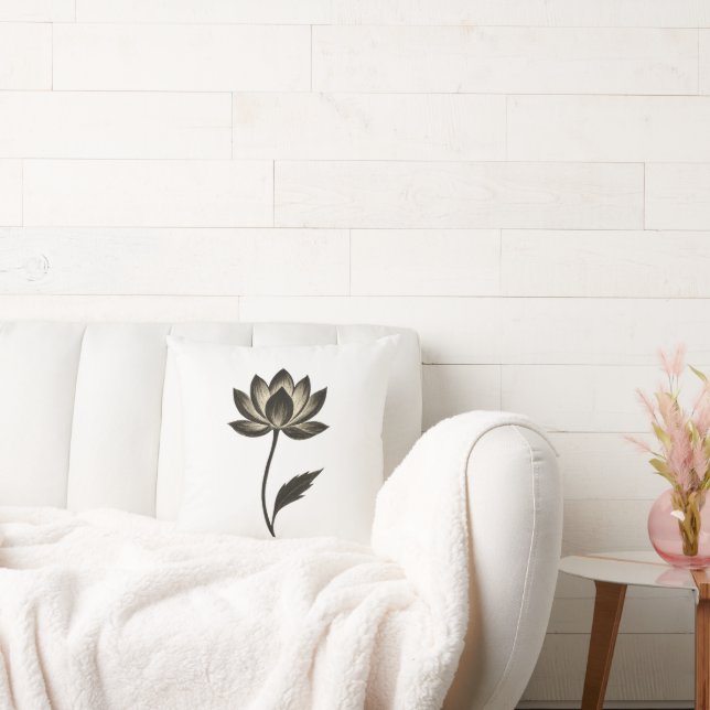 Ink Brush Lotus – Minimalist Floral Design on  Throw Pillow (Couch)