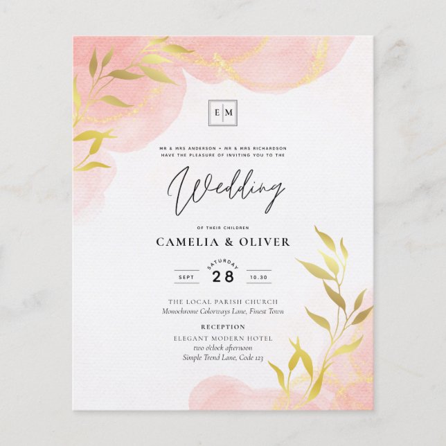 INK Coral Peach Gold Leaves Wedding Invite Flyer (Front)