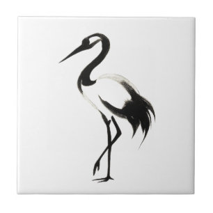 Ink Crane Illustration - Zen Brush Design on Tile