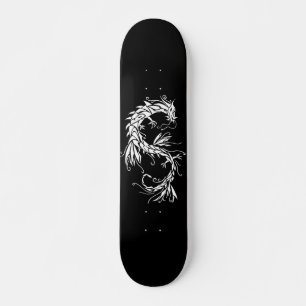 Ink Dragon White on Black Skateboard