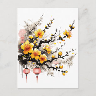 Ink Drawing of Hoa Mai Happy New Year Holiday Postcard