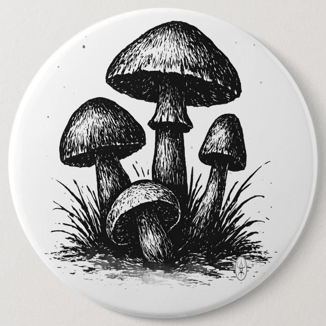 Ink‑Drawn Mushroom Cluster Tote Bag 6 Inch Round Button (Front)
