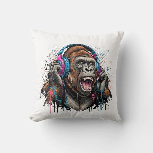 Ink Flow Beats: Personalized Gorilla Headphone  Throw Pillow (Front)