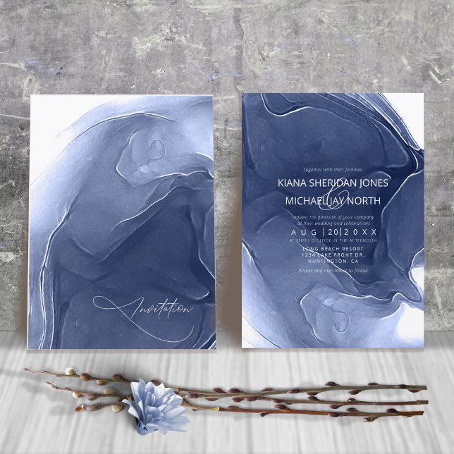 Ink Flow Wedding Blue ID762 Invitation (Creator Uploaded)