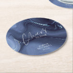 Ink Flow Wedding Cheers to Love Blue ID762 Round Paper Coaster<br><div class="desc">An abstract background reminiscent of liquid ink in shades from deep navy blue through cyan and white is the backdrop for elegant handwritten script text and modern design layouts in the pieces of this beautiful wedding suite. The coordinating coaster shown here features the above abstract background, a 'Cheers to love'...</div>