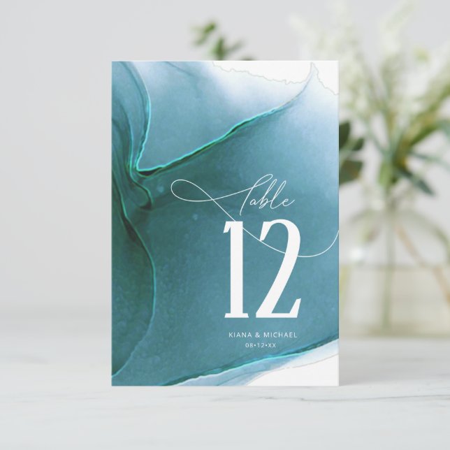 Ink Flow Wedding Table Number Teal ID762 (Standing Front)