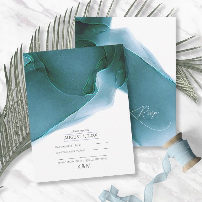 Ink Flow Wedding Teal ID762 RSVP Card (Creator Uploaded)