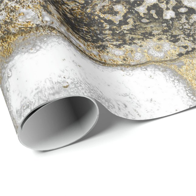 Ink Gold Liquid Paint Grey Black White Abstract Wrapping Paper (Roll Corner)