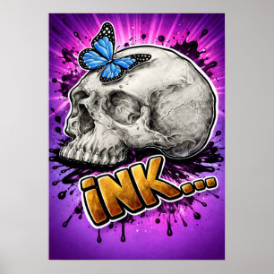 INK… Hand-Drawn Skull with Butterfly Poster