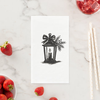 Ink Lantern with Candle and Pine – Holiday Art on Napkin